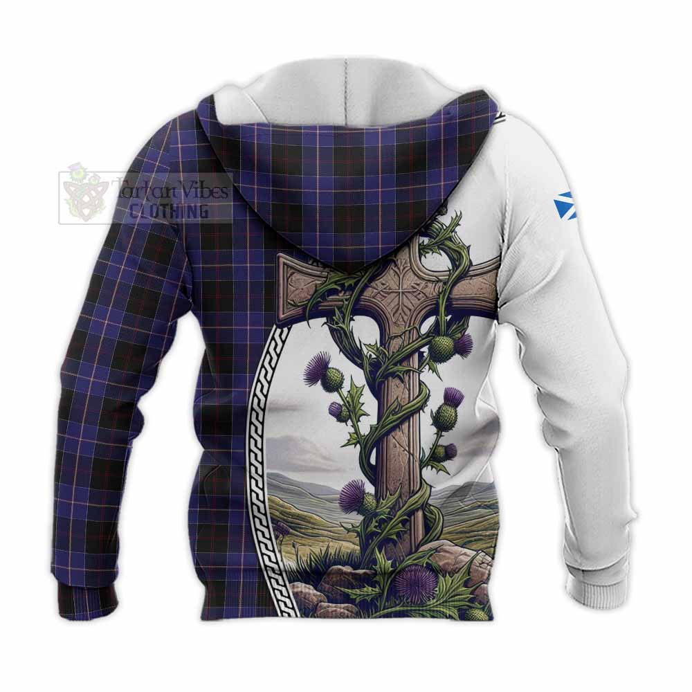 Tartan Vibes Clothing Dunlop Tartan Knitted Hoodie with Family Crest and St. Andrew's Cross Accented by Thistle Vines