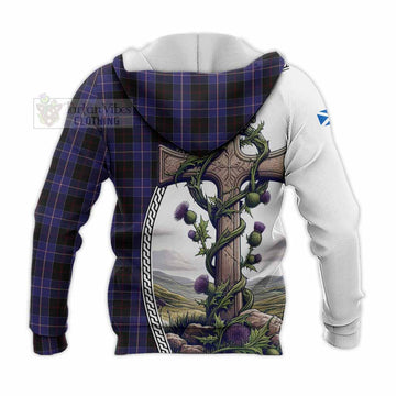 Dunlop Tartan Knitted Hoodie with Family Crest and St. Andrew's Cross Accented by Thistle Vines