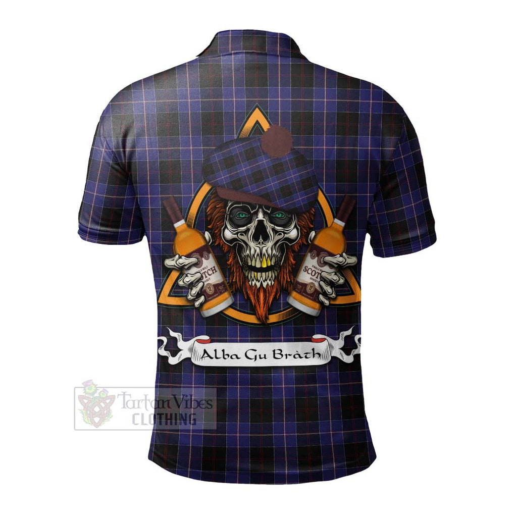 Tartan Vibes Clothing Dunlop Tartan Polo Shirt with Family Crest and Bearded Skull Holding Bottles of Whiskey