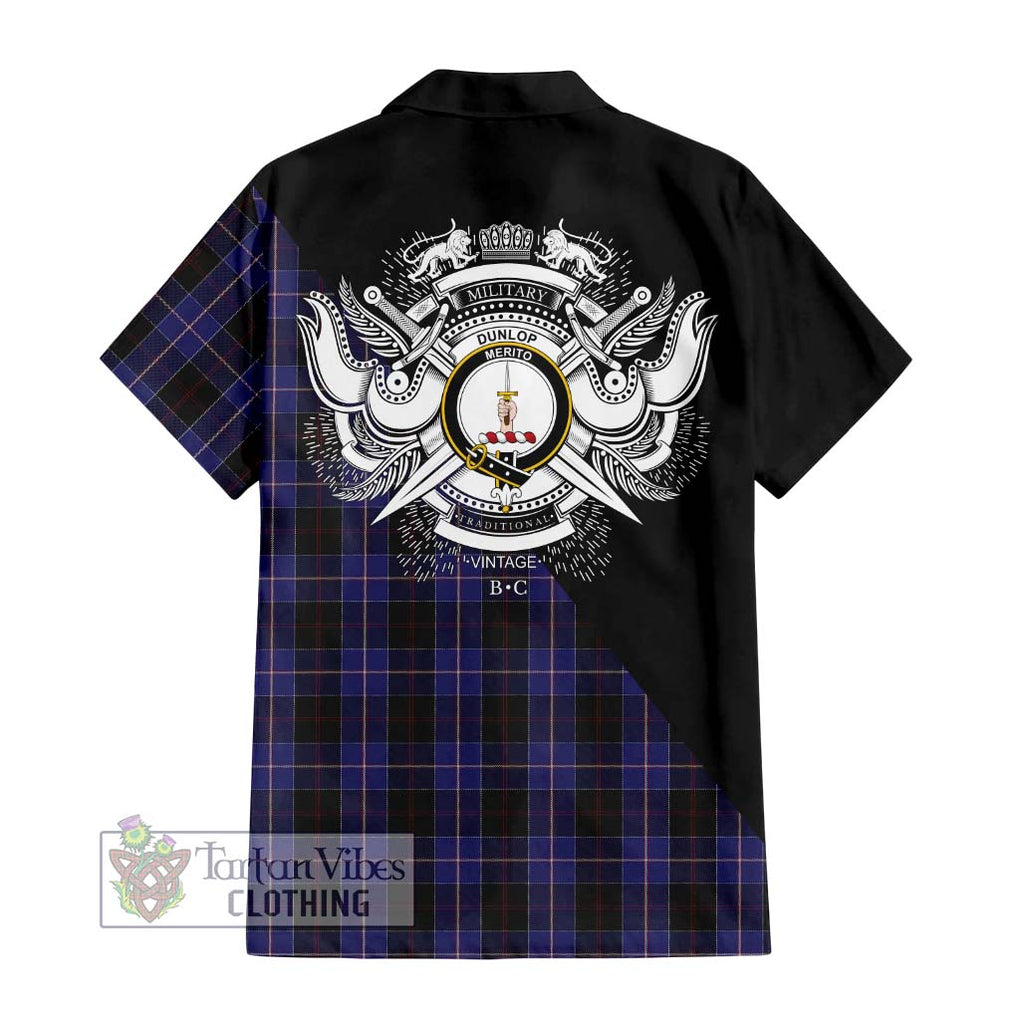 Dunlop Tartan Short Sleeve Button Shirt with Family Crest and Military Logo Style - Tartanvibesclothing Shop