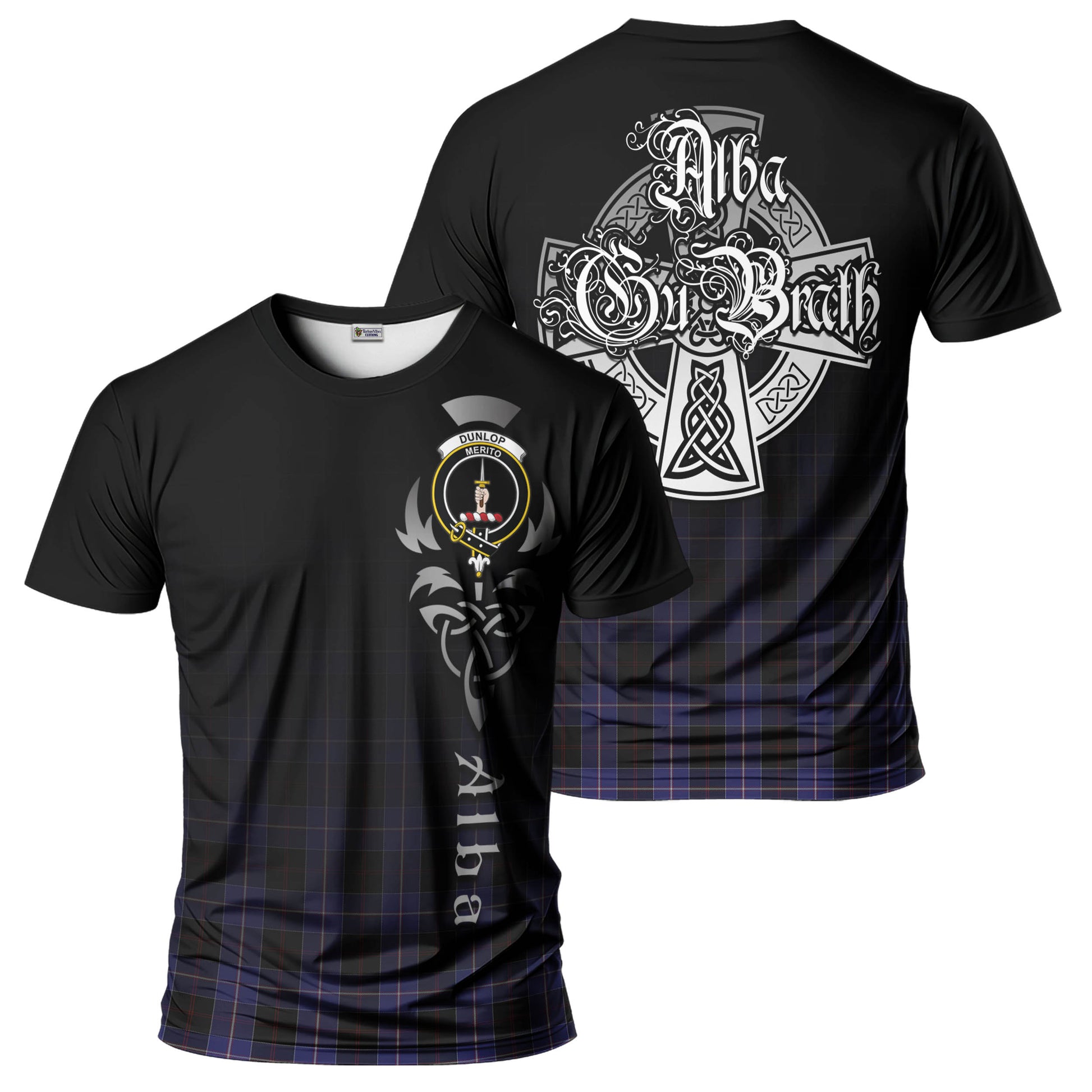 Tartan Vibes Clothing Dunlop Tartan T-Shirt Featuring Alba Gu Brath Family Crest Celtic Inspired