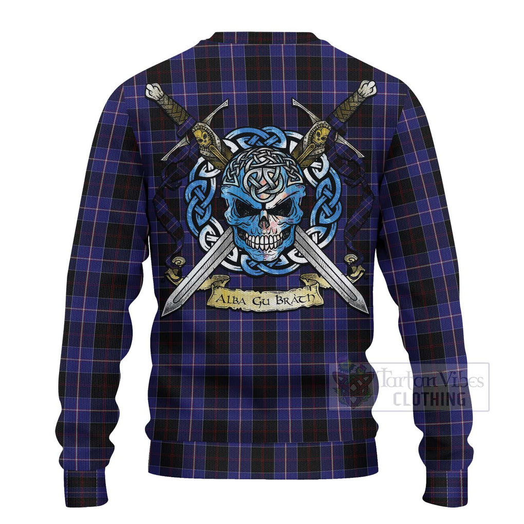 Tartan Vibes Clothing Dunlop Tartan Knitted Sweater with Family Crest Celtic Skull Style