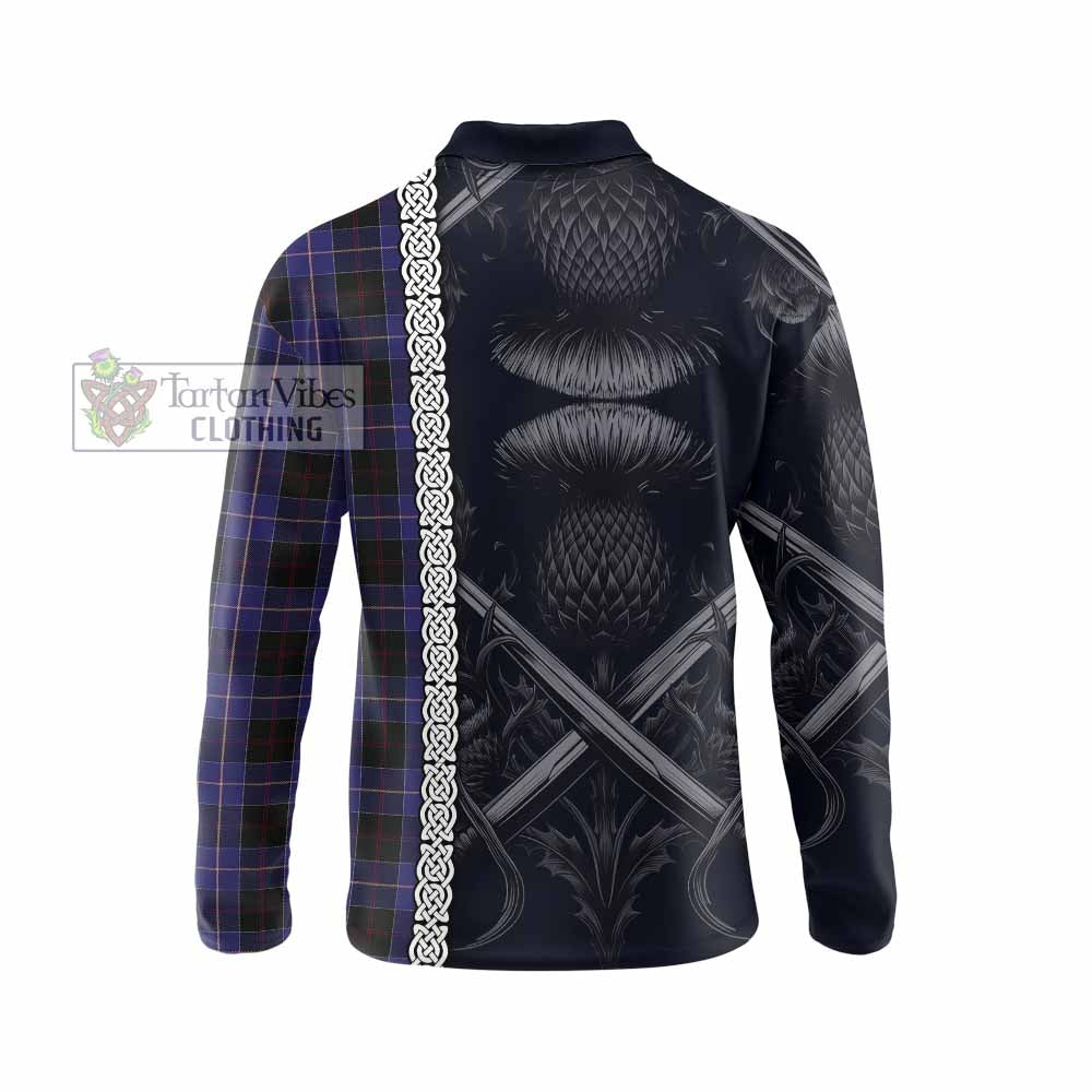 Tartan Vibes Clothing Dunlop Tartan Long Sleeve Polo Shirt with Family Crest Cross Sword Thistle Celtic Vibes