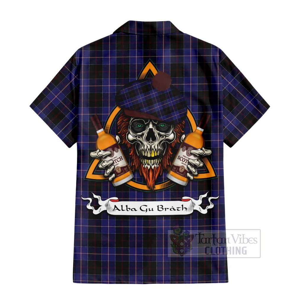 Tartan Vibes Clothing Dunlop Tartan Short Sleeve Button Shirt with Family Crest and Bearded Skull Holding Bottles of Whiskey