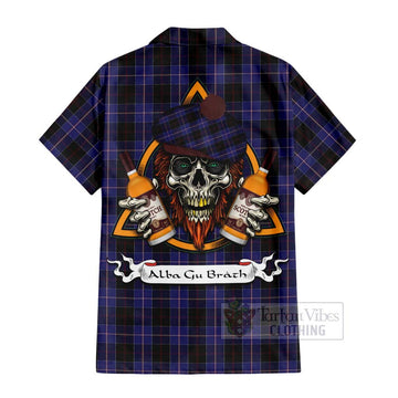 Dunlop Tartan Short Sleeve Button Shirt with Family Crest and Bearded Skull Holding Bottles of Whiskey