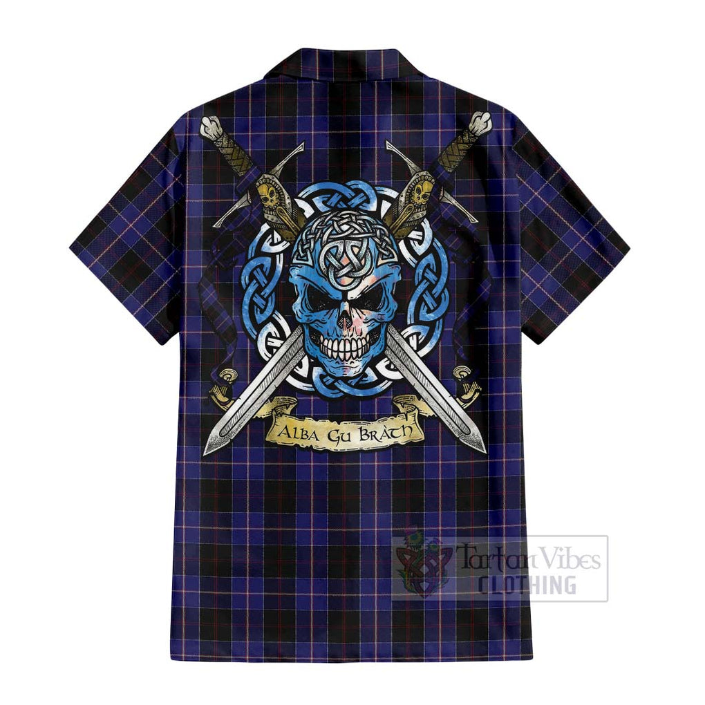 Tartan Vibes Clothing Dunlop Tartan Short Sleeve Button Shirt with Family Crest Celtic Skull Style