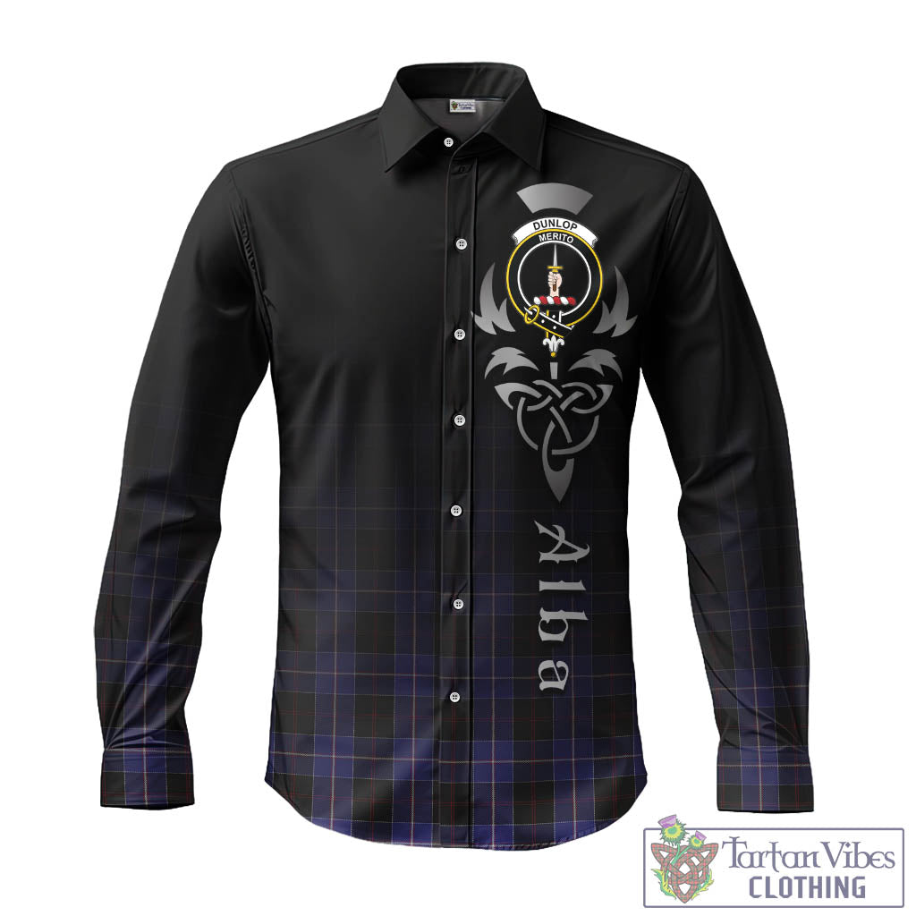 Tartan Vibes Clothing Dunlop Tartan Long Sleeve Button Up Featuring Alba Gu Brath Family Crest Celtic Inspired