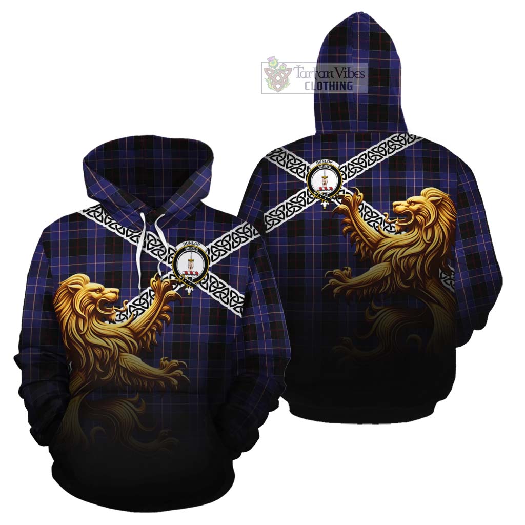 Dunlop Crest Tartan Cotton Hoodie with Golden Lion Emblem Celtic Style - Tartan Vibes Clothing