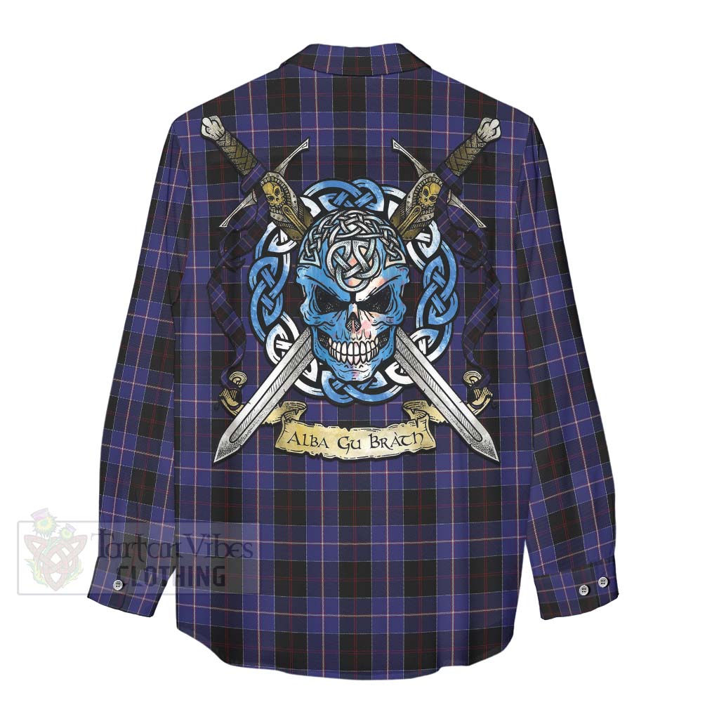 Tartan Vibes Clothing Dunlop Tartan Women's Casual Shirt with Family Crest Celtic Skull Style