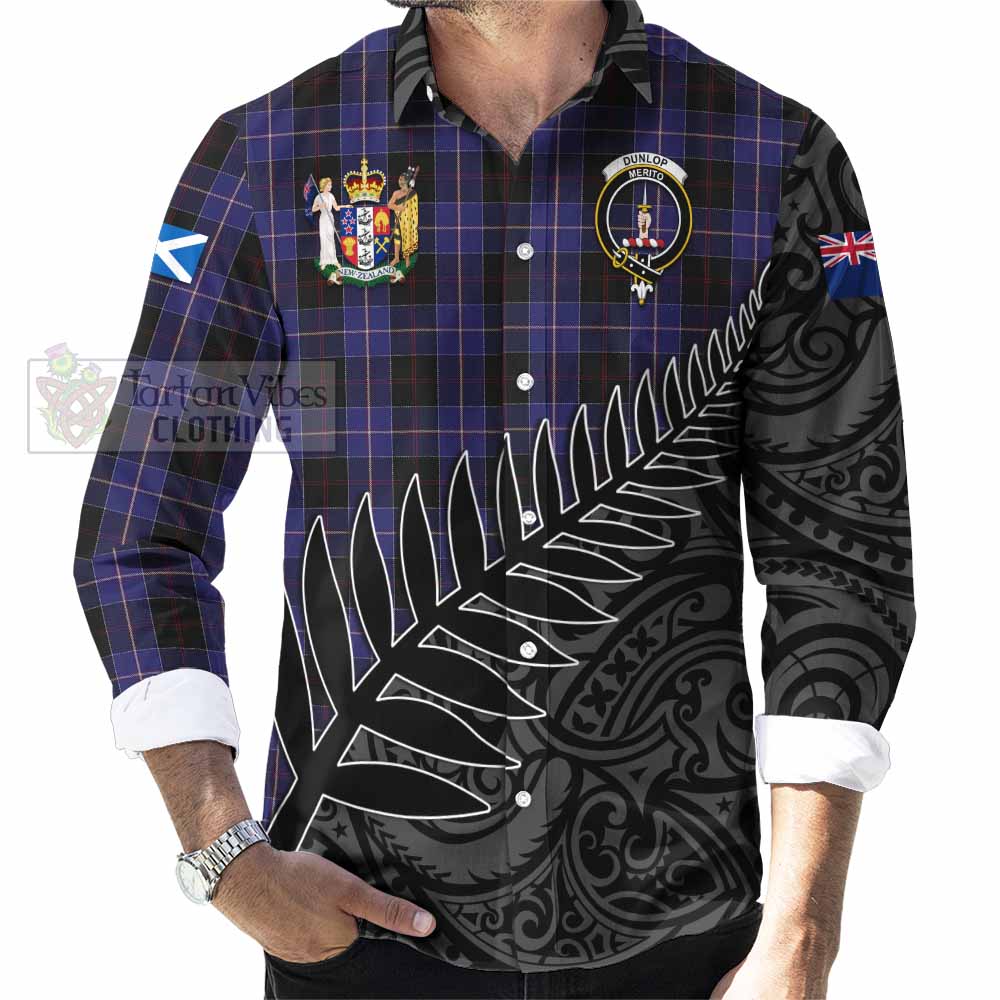 Tartan Vibes Clothing Dunlop Crest Tartan Long Sleeve Button Shirt with New Zealand Silver Fern Half Style