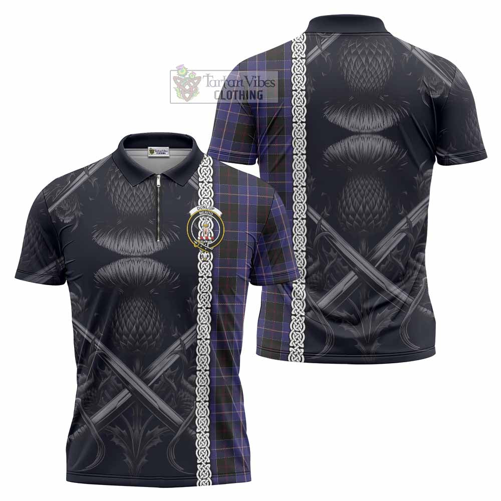 Tartan Vibes Clothing Dunlop Tartan Zipper Polo Shirt with Family Crest Cross Sword Thistle Celtic Vibes