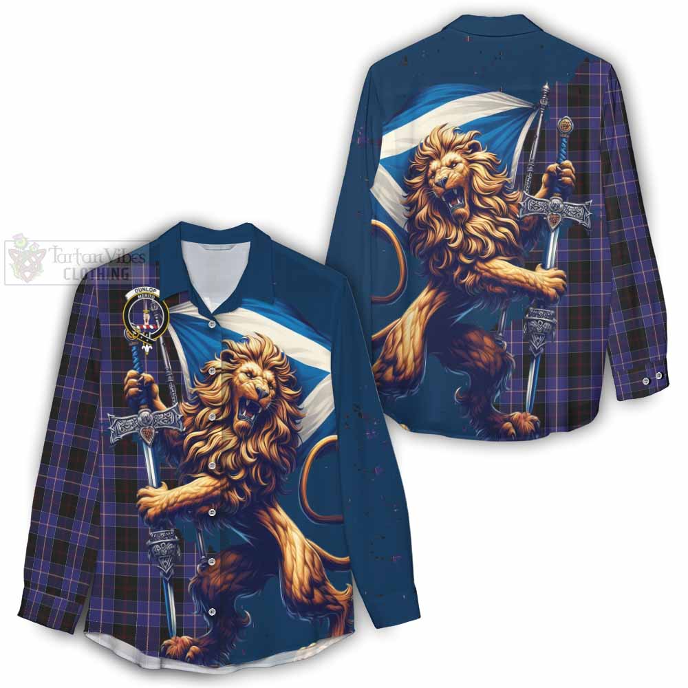 Tartan Vibes Clothing Dunlop Tartan Family Crest Women's Casual Shirt with Scottish Majestic Lion