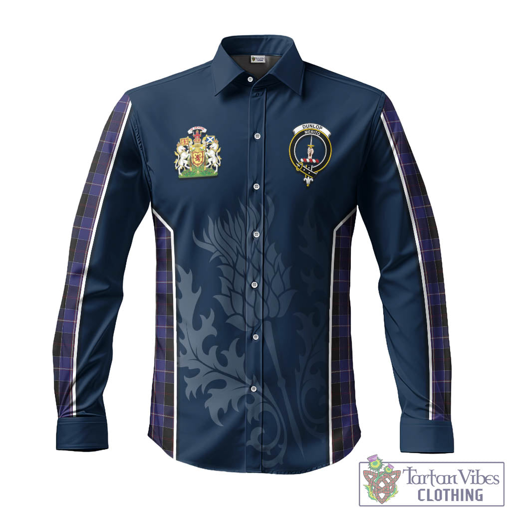 Tartan Vibes Clothing Dunlop Tartan Long Sleeve Button Up Shirt with Family Crest and Scottish Thistle Vibes Sport Style