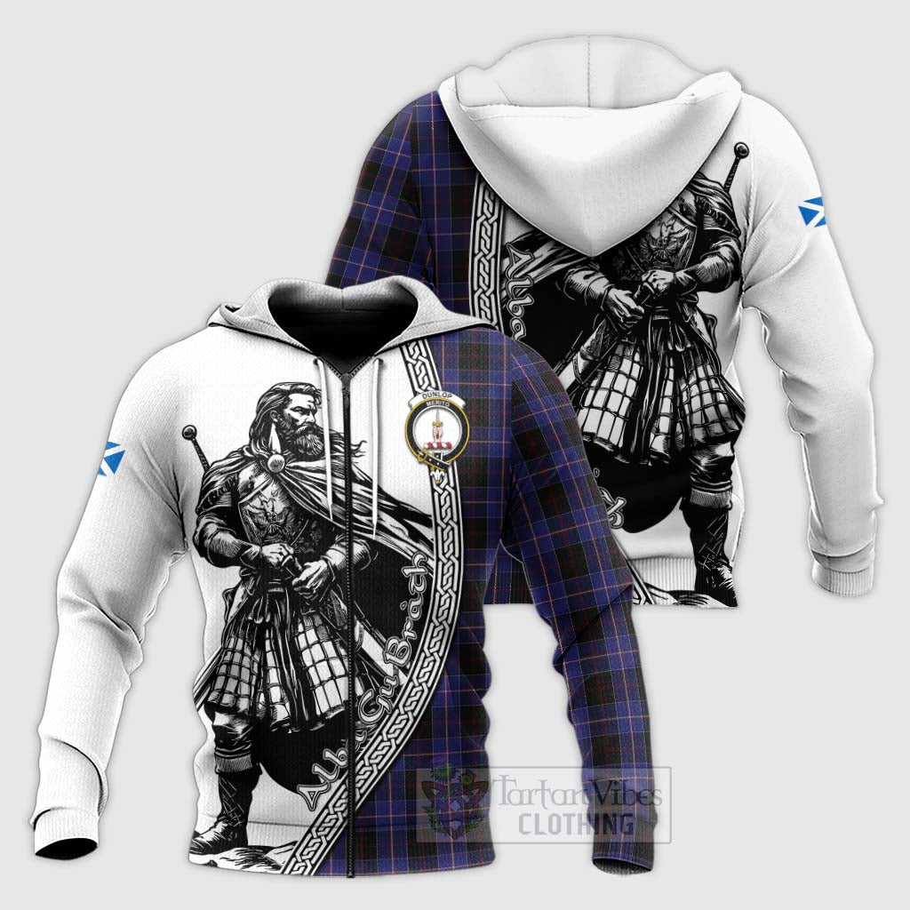 Tartan Vibes Clothing Dunlop Tartan Clan Crest Knitted Hoodie with Highlander Warrior Celtic Style