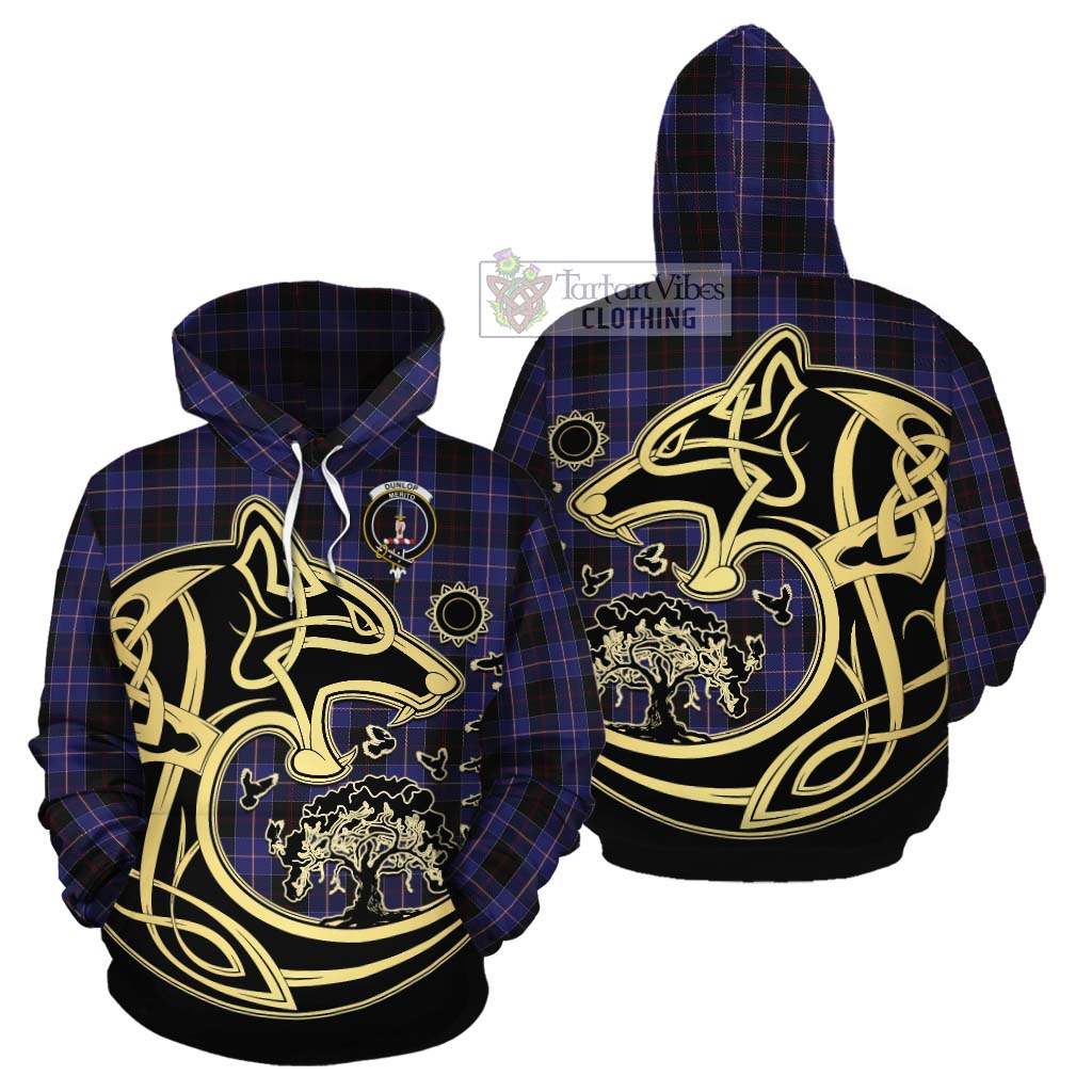 Tartan Vibes Clothing Dunlop Tartan Cotton Hoodie with Family Crest Celtic Wolf Style