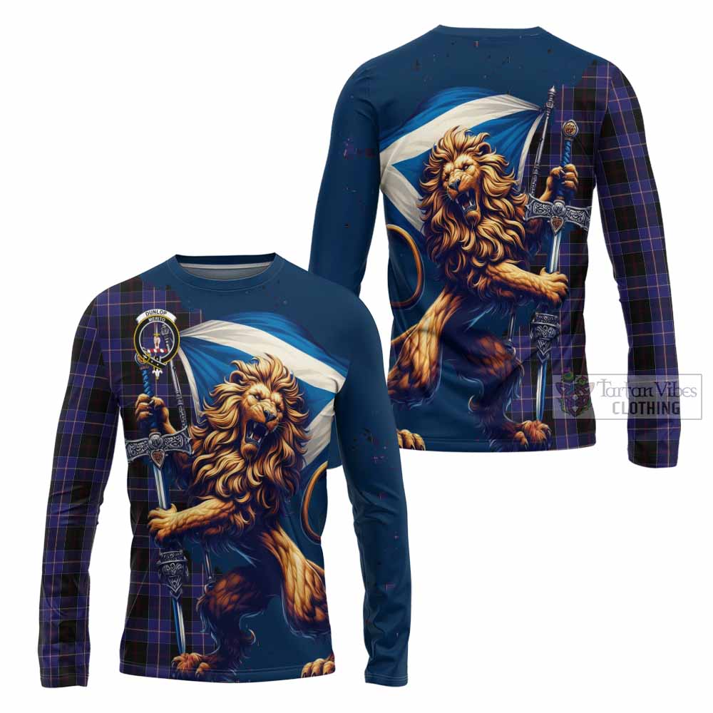 Tartan Vibes Clothing Dunlop Tartan Family Crest Long Sleeve T-Shirt with Scottish Majestic Lion