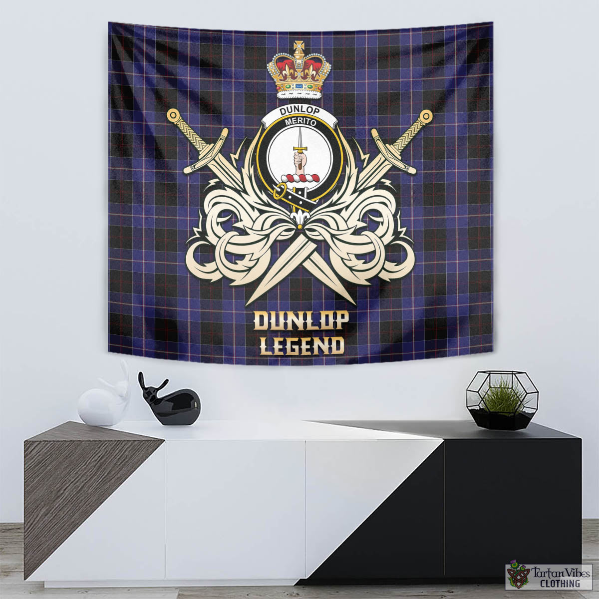 Tartan Vibes Clothing Dunlop Tartan Tapestry with Clan Crest and the Golden Sword of Courageous Legacy