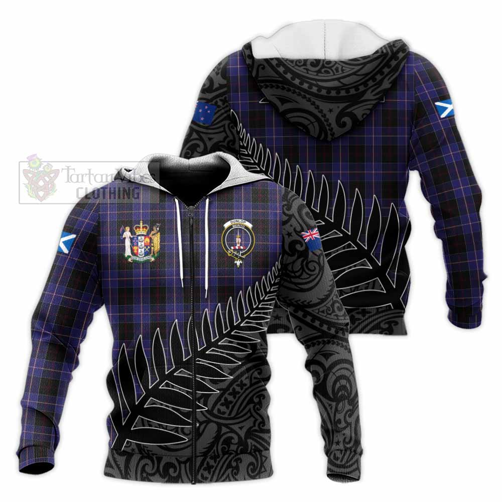 Tartan Vibes Clothing Dunlop Crest Tartan Knitted Hoodie with New Zealand Silver Fern Half Style