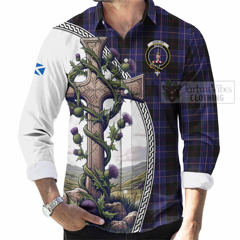 Tartan Vibes Clothing Dunlop Tartan Long Sleeve Button Shirt with Family Crest and St. Andrew's Cross Accented by Thistle Vines