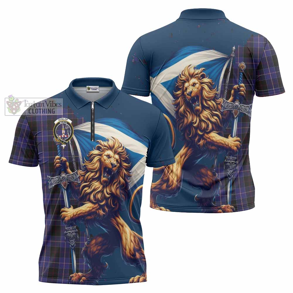 Tartan Vibes Clothing Dunlop Tartan Family Crest Zipper Polo Shirt with Scottish Majestic Lion