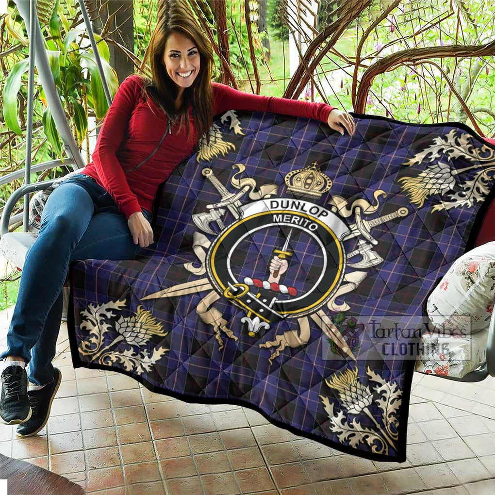 Tartan Vibes Clothing Dunlop Tartan Quilt with Family Crest and Scottish Golden Courage Shield