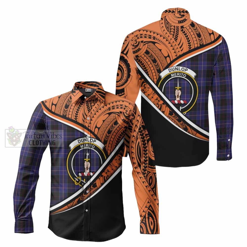 Tartan Vibes Clothing Dunlop Crest Tartan Long Sleeve Button Shirt with Maori Tattoo Style - Orange Version