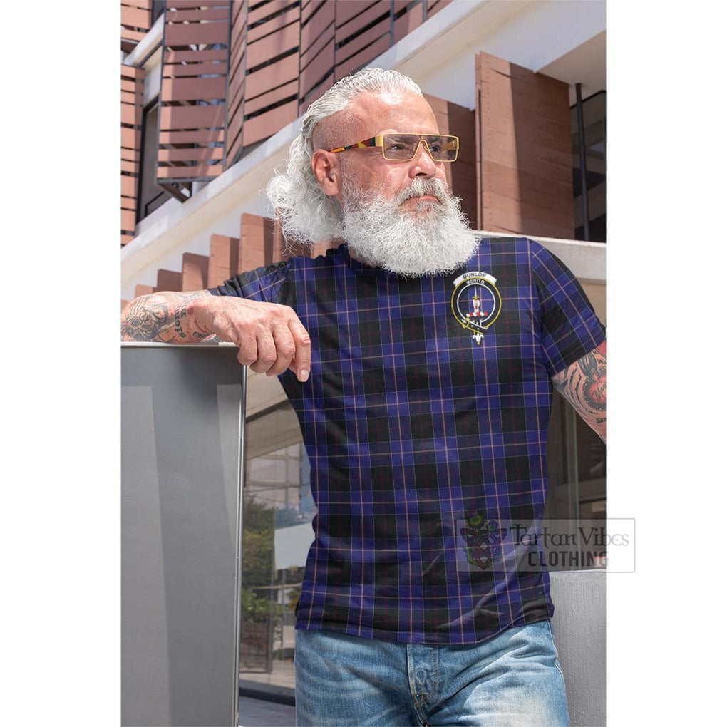 Tartan Vibes Clothing Dunlop Tartan Cotton T-shirt with Family Crest and Bearded Skull Holding Bottles of Whiskey