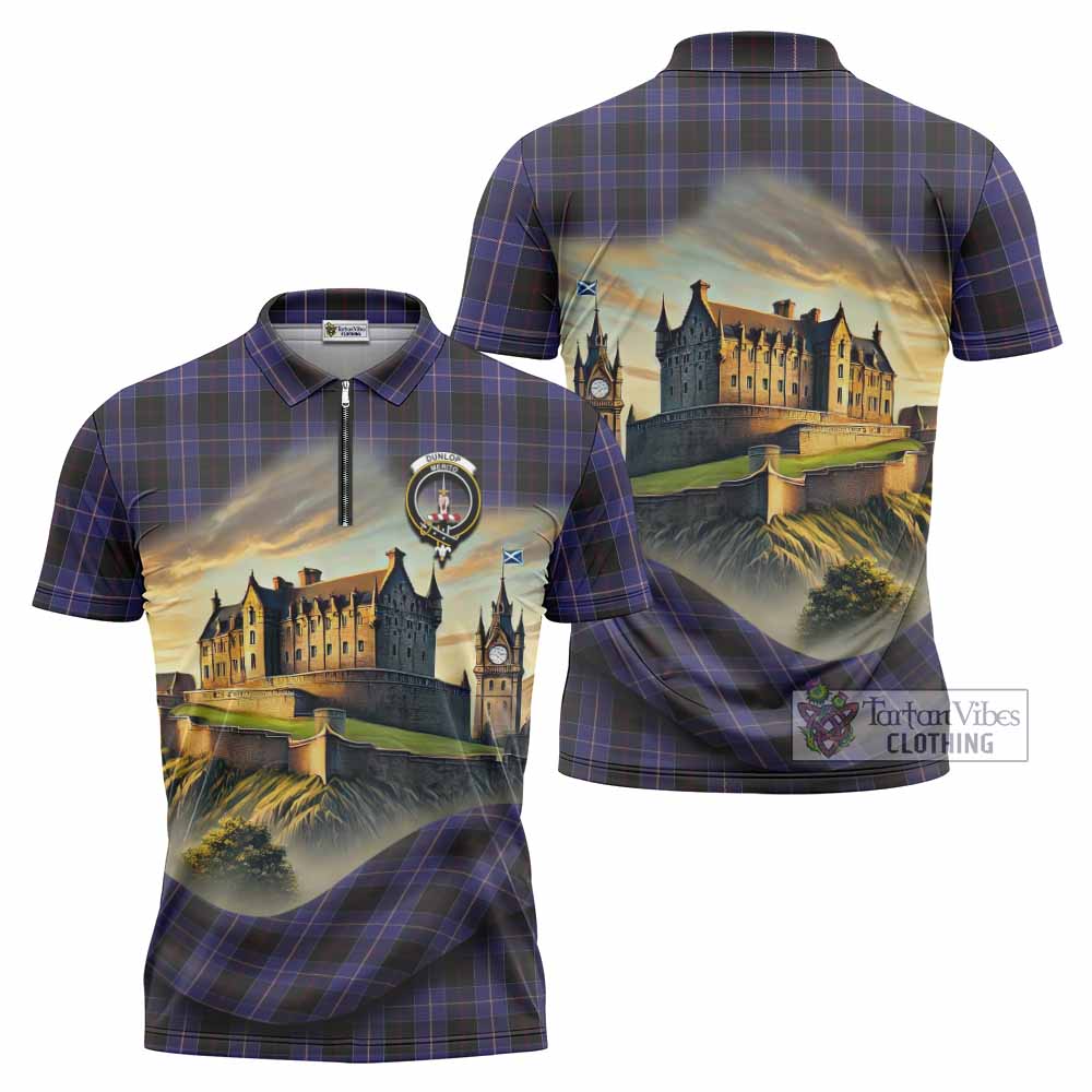 Dunlop Tartan Family Crest Zipper Polo Shirt with Scottish Ancient Castle Style - Tartan Vibes Clothing