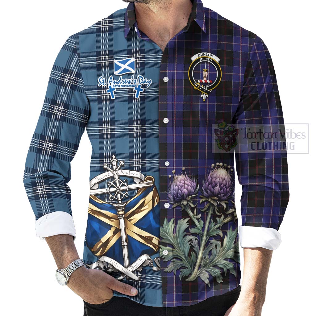 Tartan Vibes Clothing Dunlop Tartan Long Sleeve Button Shirt Happy St. Andrew's Day Half Tartan Style