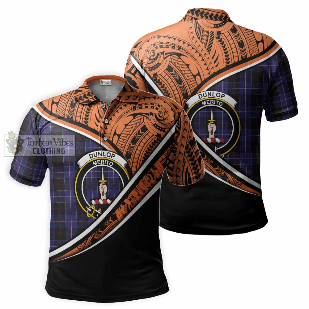 Tartan Vibes Clothing Dunlop Crest Tartan Polo Shirt with Maori Tattoo Style - Orange Version