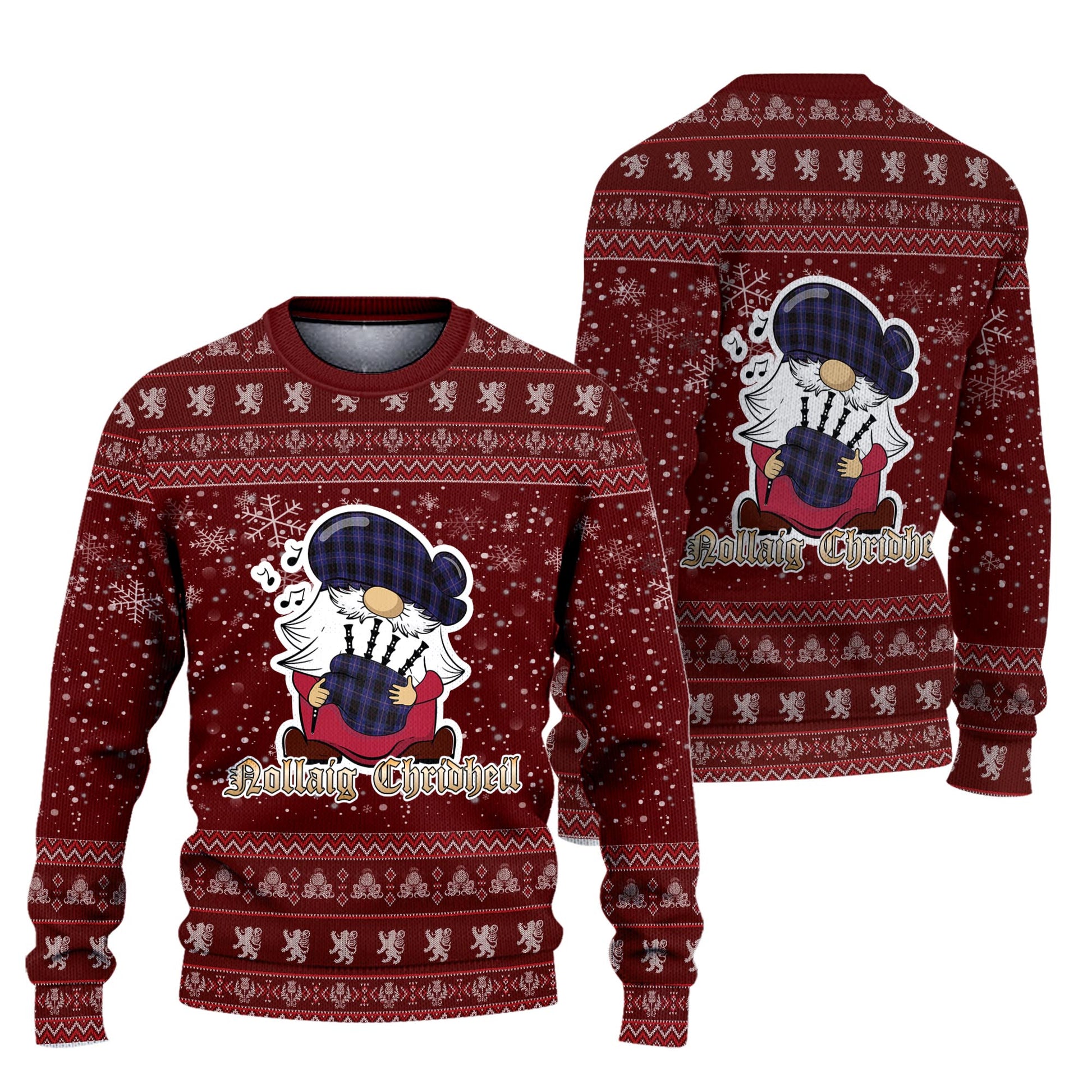 Dunlop Clan Christmas Family Knitted Sweater with Funny Gnome Playing Bagpipes Unisex Red - Tartanvibesclothing