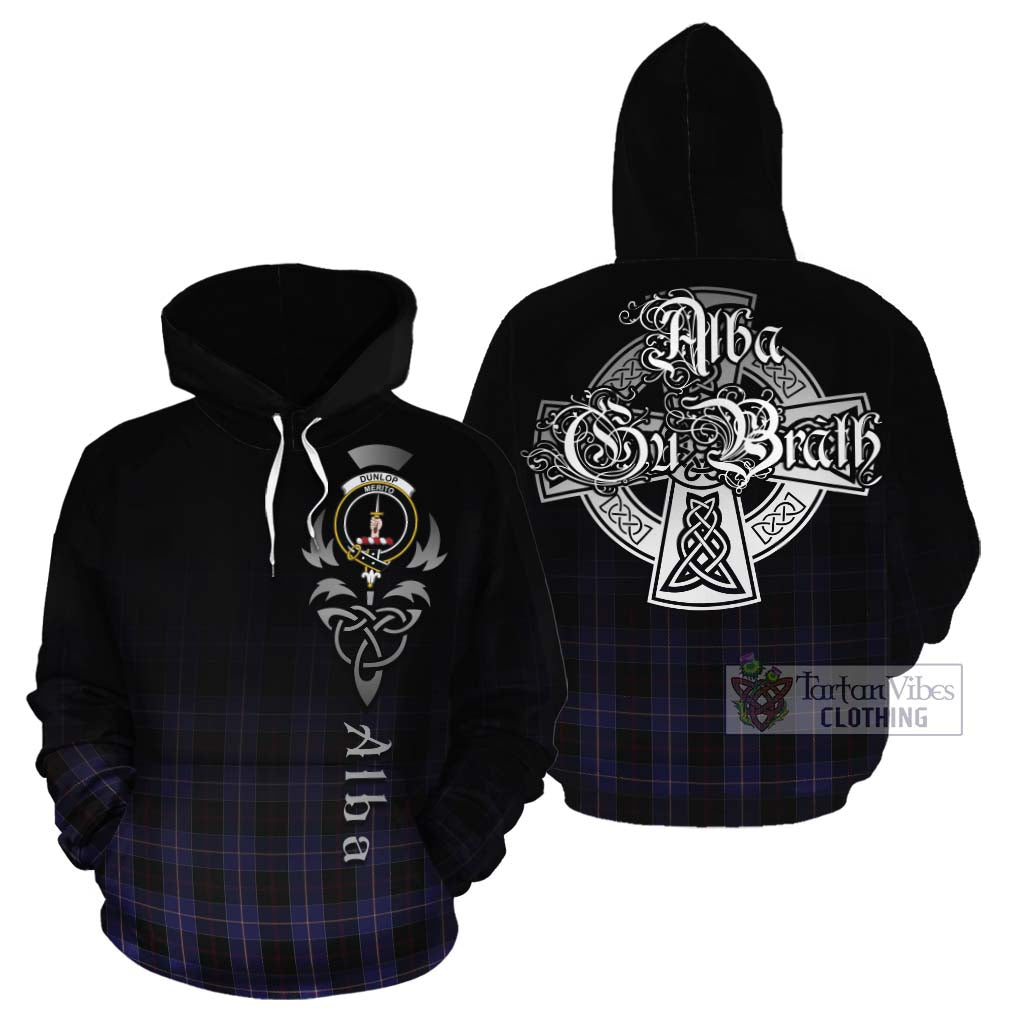 Tartan Vibes Clothing Dunlop Tartan Cotton Hoodie Featuring Alba Gu Brath Family Crest Celtic Inspired