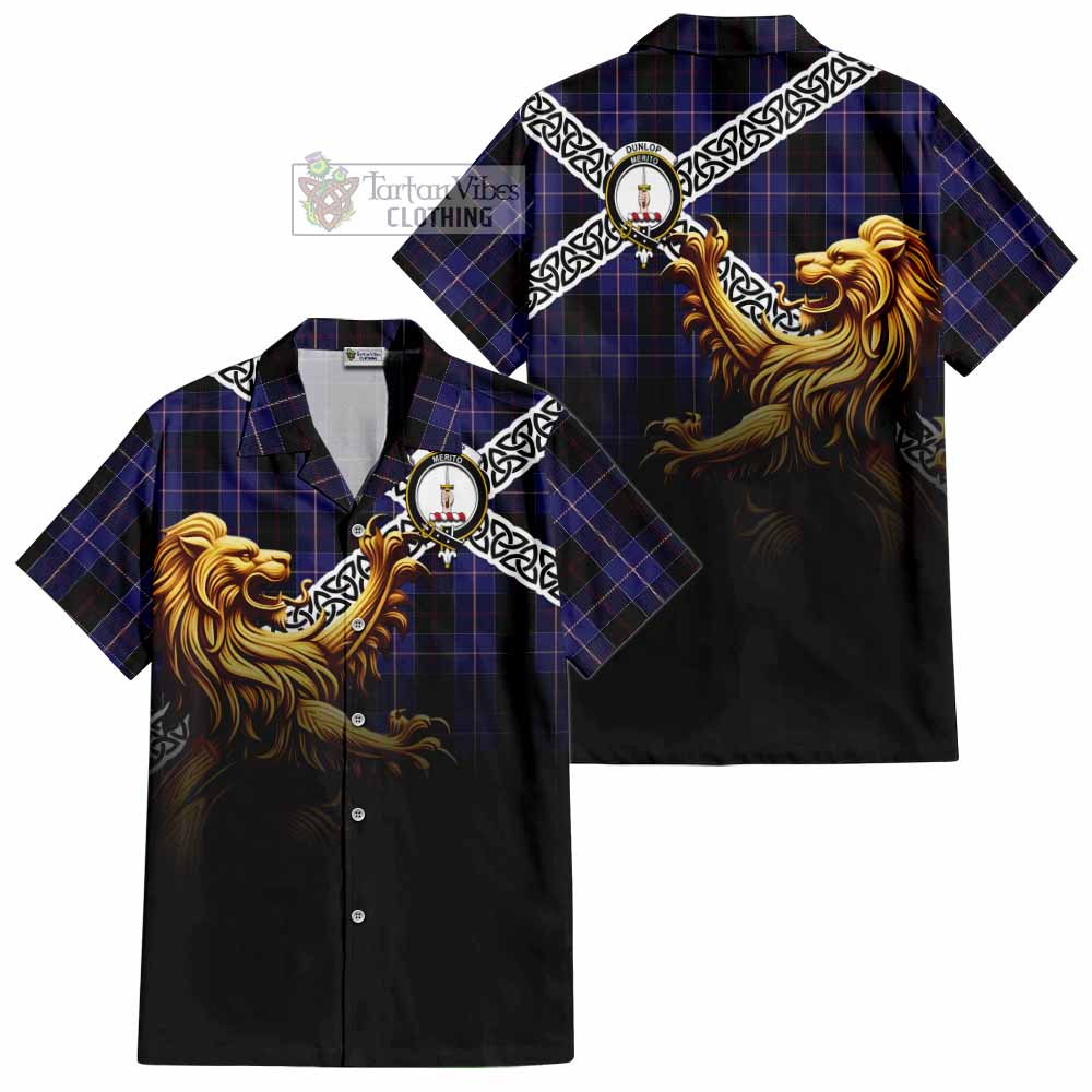 Dunlop Crest Tartan Hawaiian Shirt with Golden Lion Emblem Celtic Style - Tartan Vibes Clothing