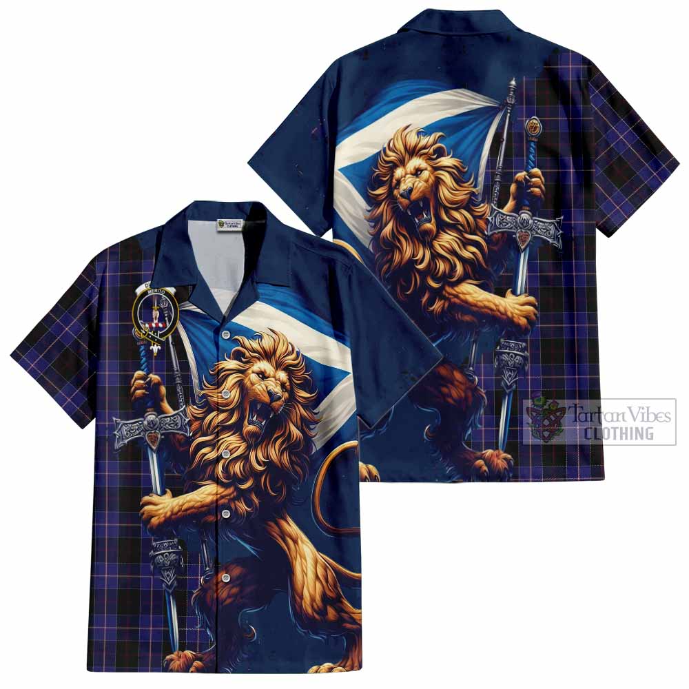 Tartan Vibes Clothing Dunlop Tartan Family Crest Short Sleeve Button Shirt with Scottish Majestic Lion