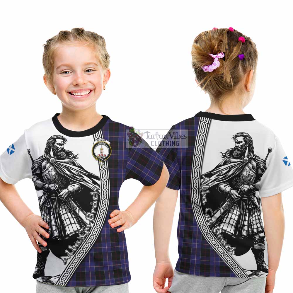 Dunlop Tartan Clan Crest Kid T-Shirt with Highlander Warrior Celtic Style