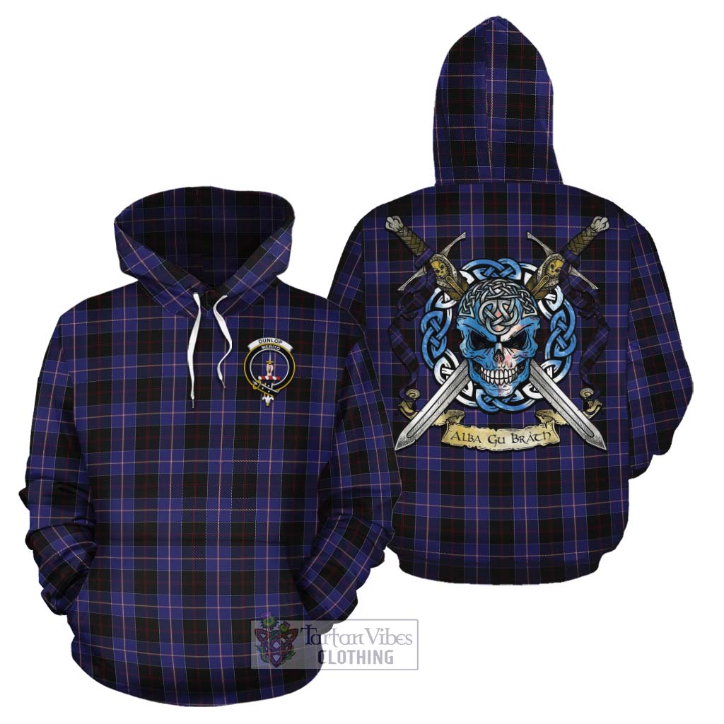 Tartan Vibes Clothing Dunlop Tartan Cotton Hoodie with Family Crest Celtic Skull Style