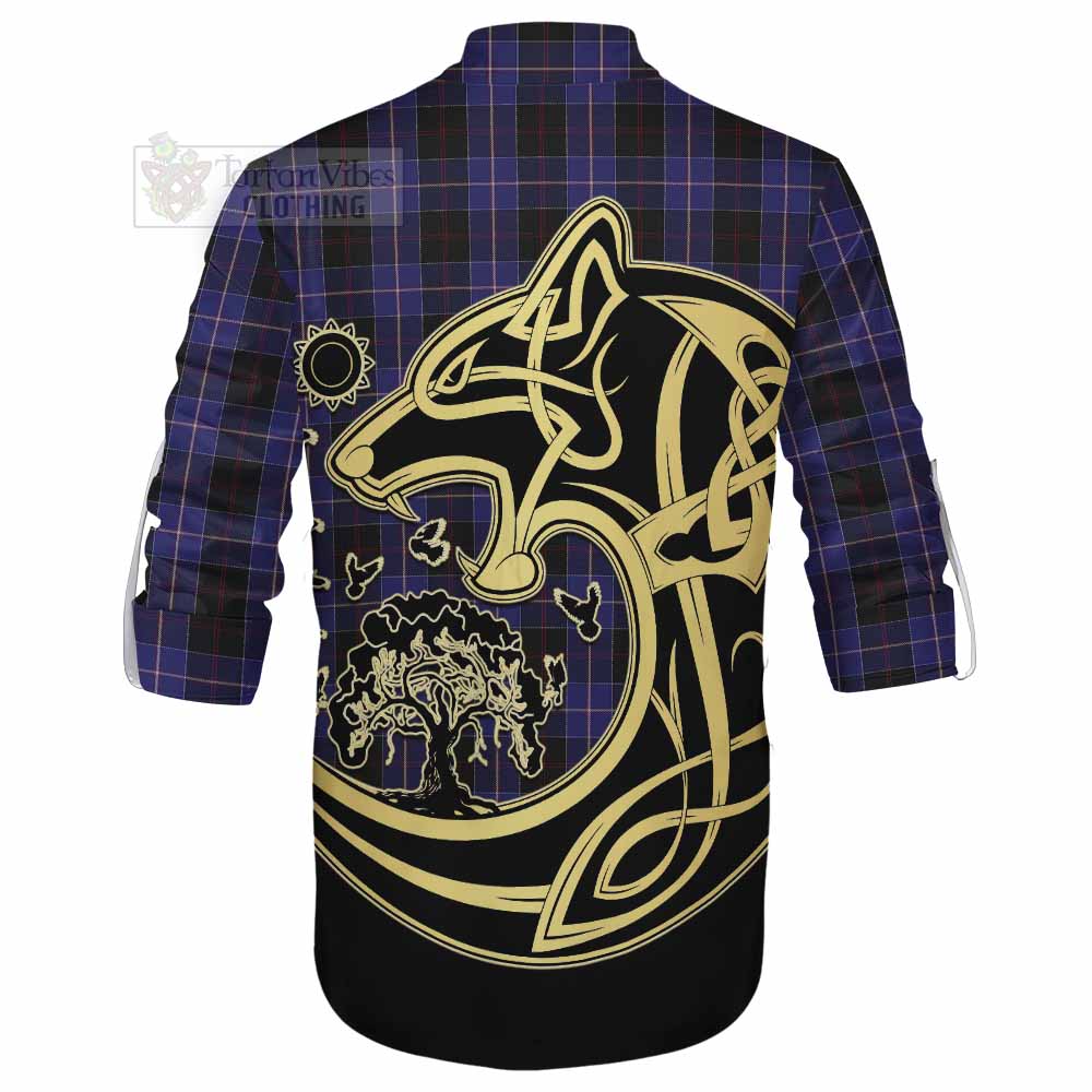 Tartan Vibes Clothing Dunlop Tartan Ghillie Kilt Shirt with Family Crest Celtic Wolf Style