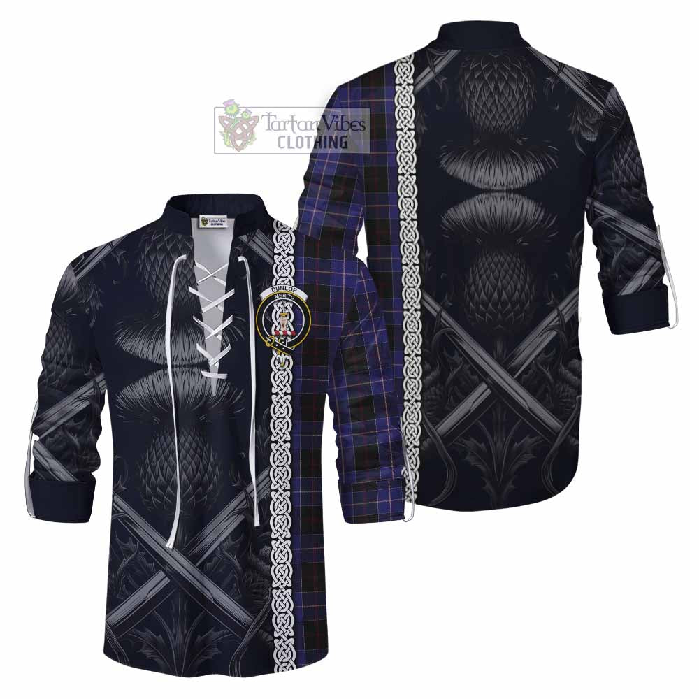 Tartan Vibes Clothing Dunlop Tartan Ghillie Kilt Shirt with Family Crest Cross Sword Thistle Celtic Vibes