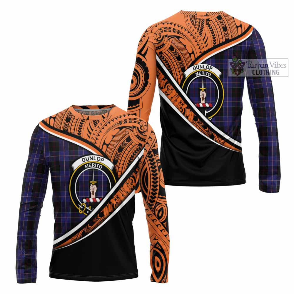 Tartan Vibes Clothing Dunlop Crest Tartan Long Sleeve T-Shirt with Maori Tattoo Style - Orange Version