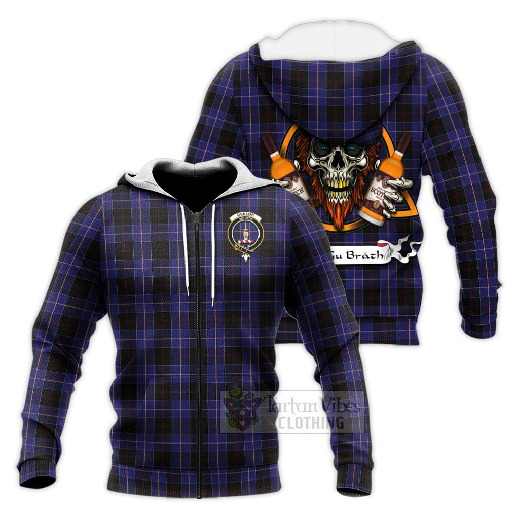 Tartan Vibes Clothing Dunlop Tartan Knitted Hoodie with Family Crest and Bearded Skull Holding Bottles of Whiskey