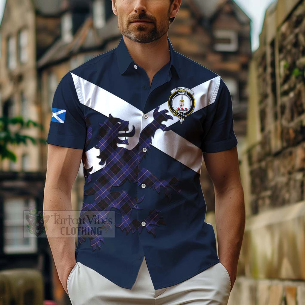 Tartan Vibes Clothing Dunlop Tartan Lion Rampant Short Sleeve Button Shirt – Proudly Display Your Heritage with Alba Gu Brath and Clan Name