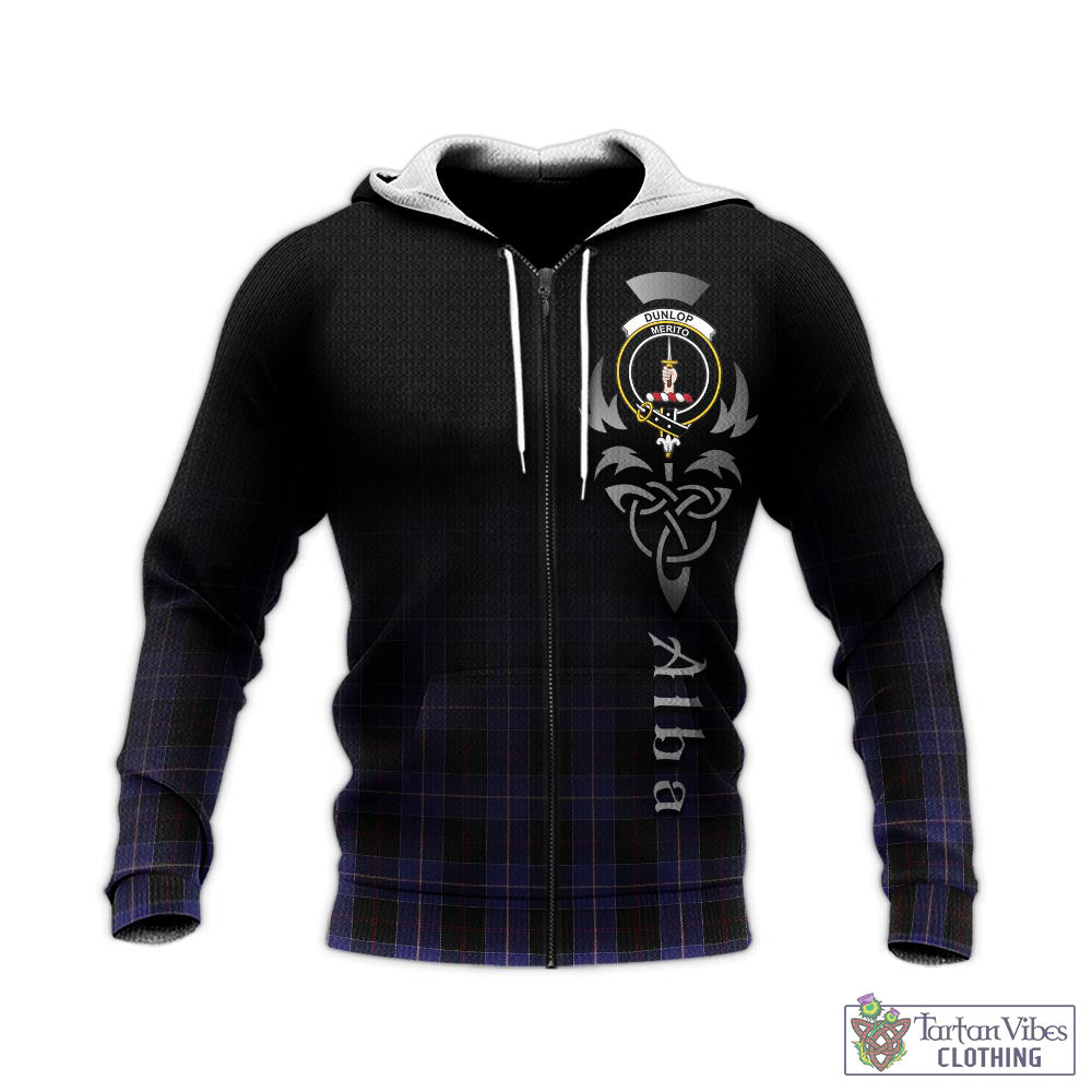 Tartan Vibes Clothing Dunlop Tartan Knitted Hoodie Featuring Alba Gu Brath Family Crest Celtic Inspired