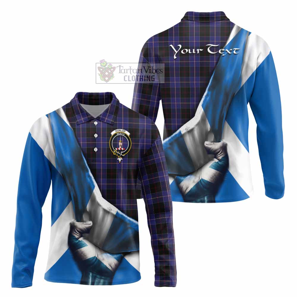 Tartan Vibes Clothing Dunlop Tartan Long Sleeve Polo Shirt with Family Crest Scotland Patriotic Style