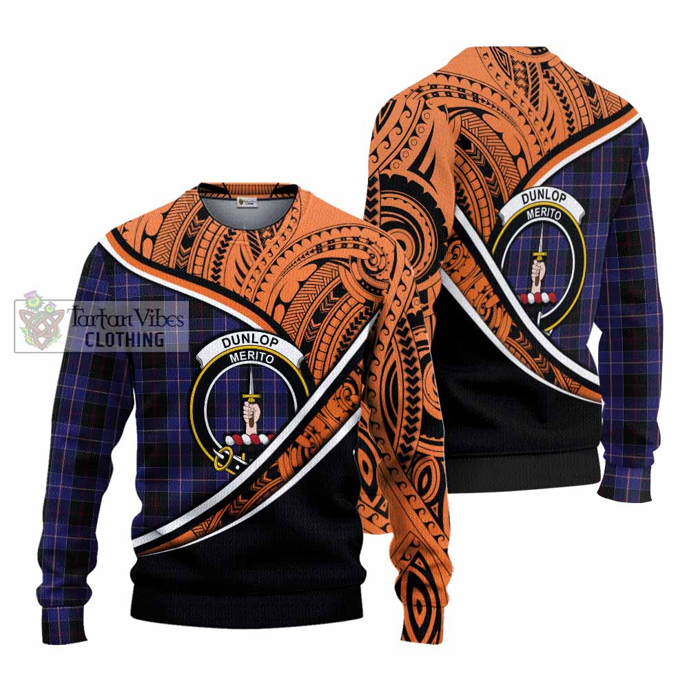 Tartan Vibes Clothing Dunlop Crest Tartan Knitted Sweater with Maori Tattoo Style - Orange Version