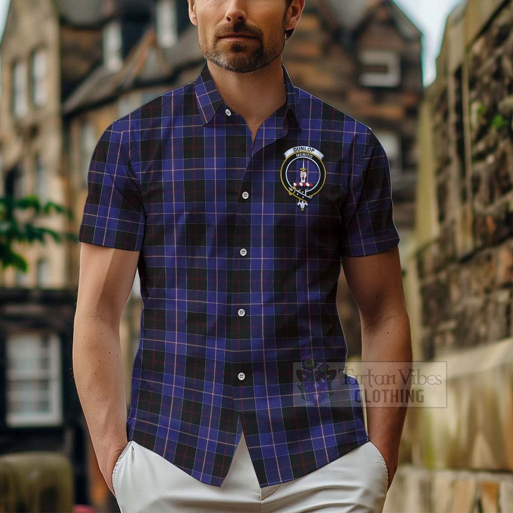 Tartan Vibes Clothing Dunlop Tartan Short Sleeve Button Shirt with Family Crest Celtic Skull Style