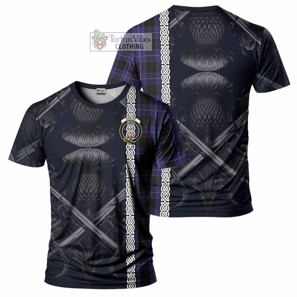 Tartan Vibes Clothing Dunlop Tartan T-Shirt with Family Crest Cross Sword Thistle Celtic Vibes