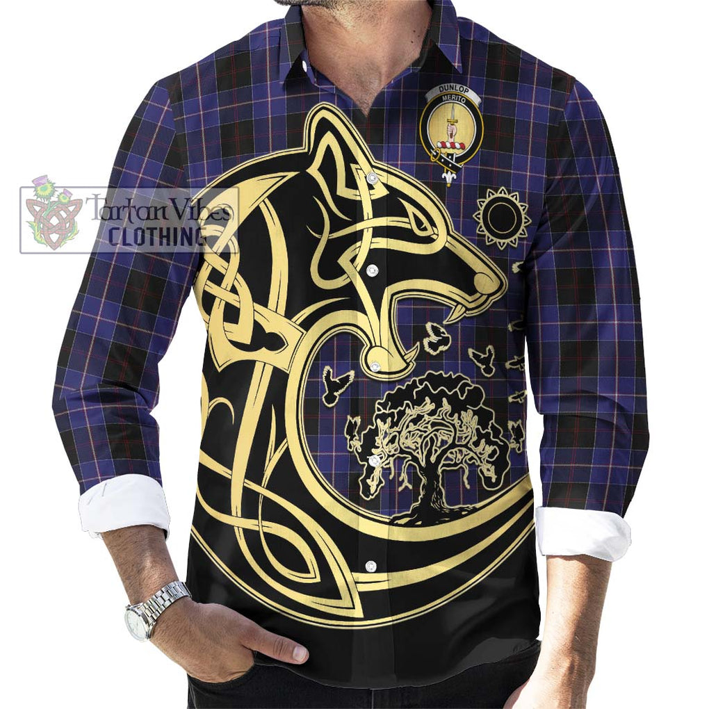 Dunlop Tartan Long Sleeve Button Shirt with Family Crest Celtic Wolf Style - Tartan Vibes Clothing