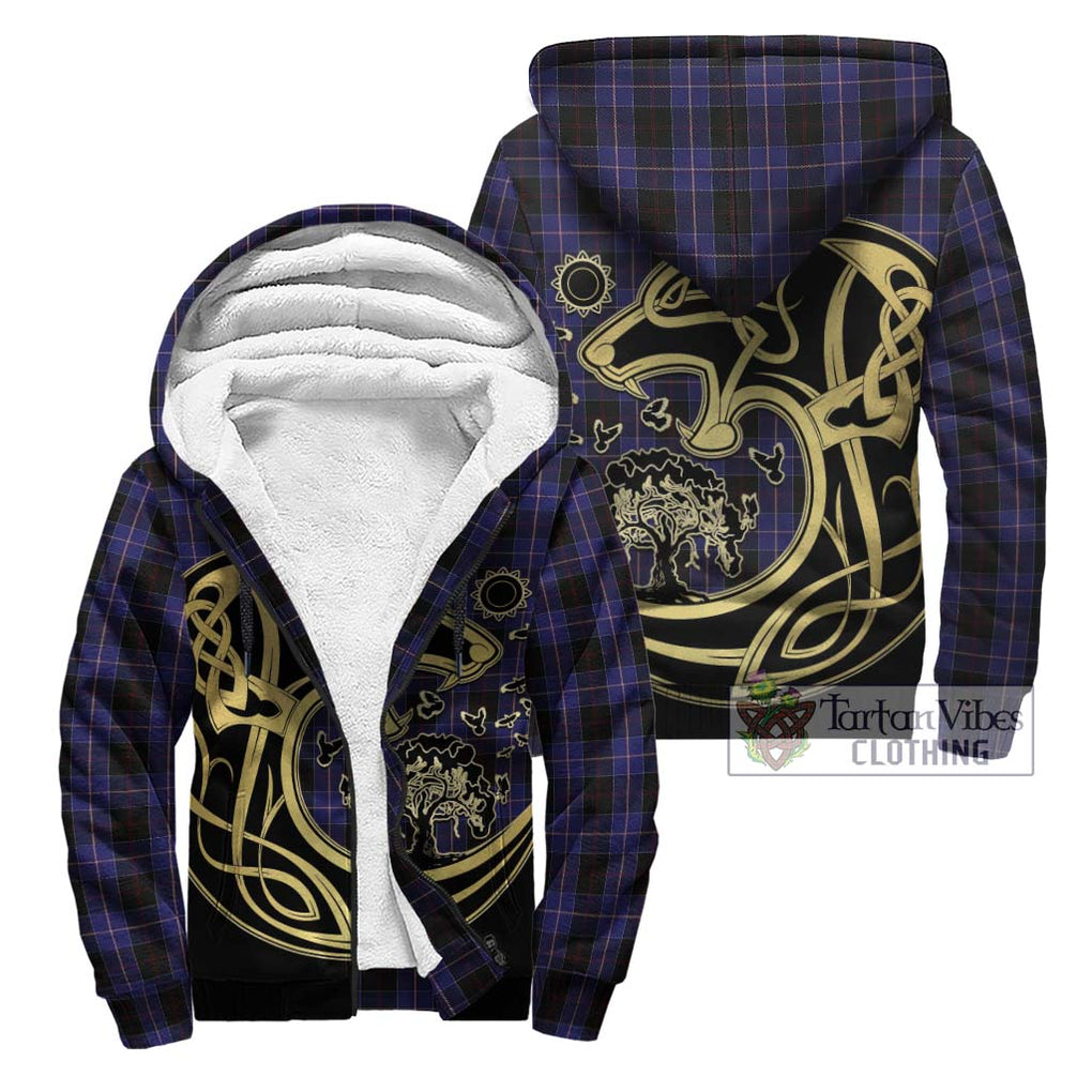 Dunlop Tartan Sherpa Hoodie with Family Crest Celtic Wolf Style Unisex - Tartan Vibes Clothing