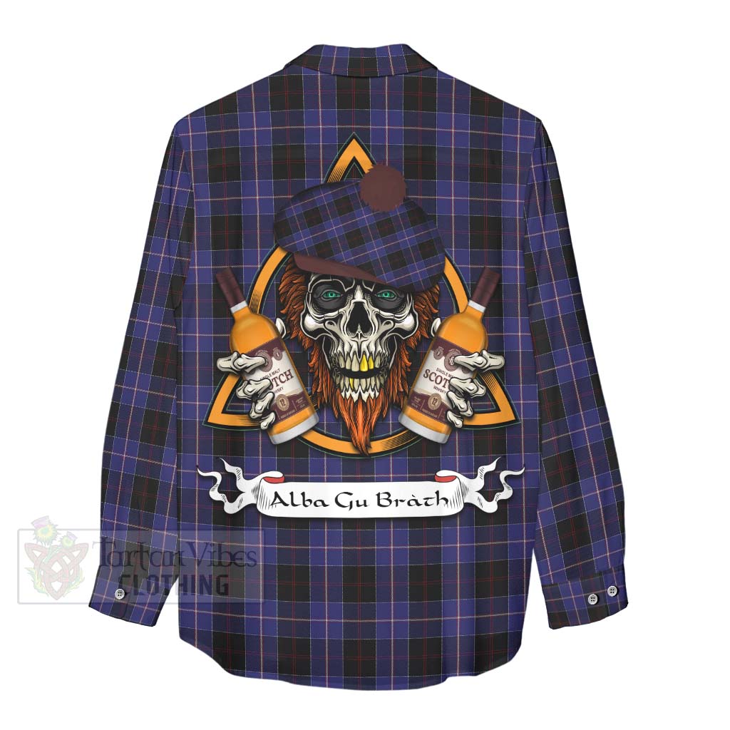 Tartan Vibes Clothing Dunlop Tartan Women's Casual Shirt with Family Crest and Bearded Skull Holding Bottles of Whiskey