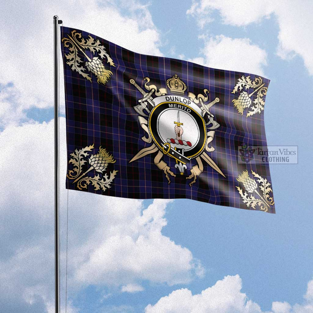 Tartan Vibes Clothing Dunlop Tartan Flag with Family Crest and Golden Thistle Crossed Sword Design